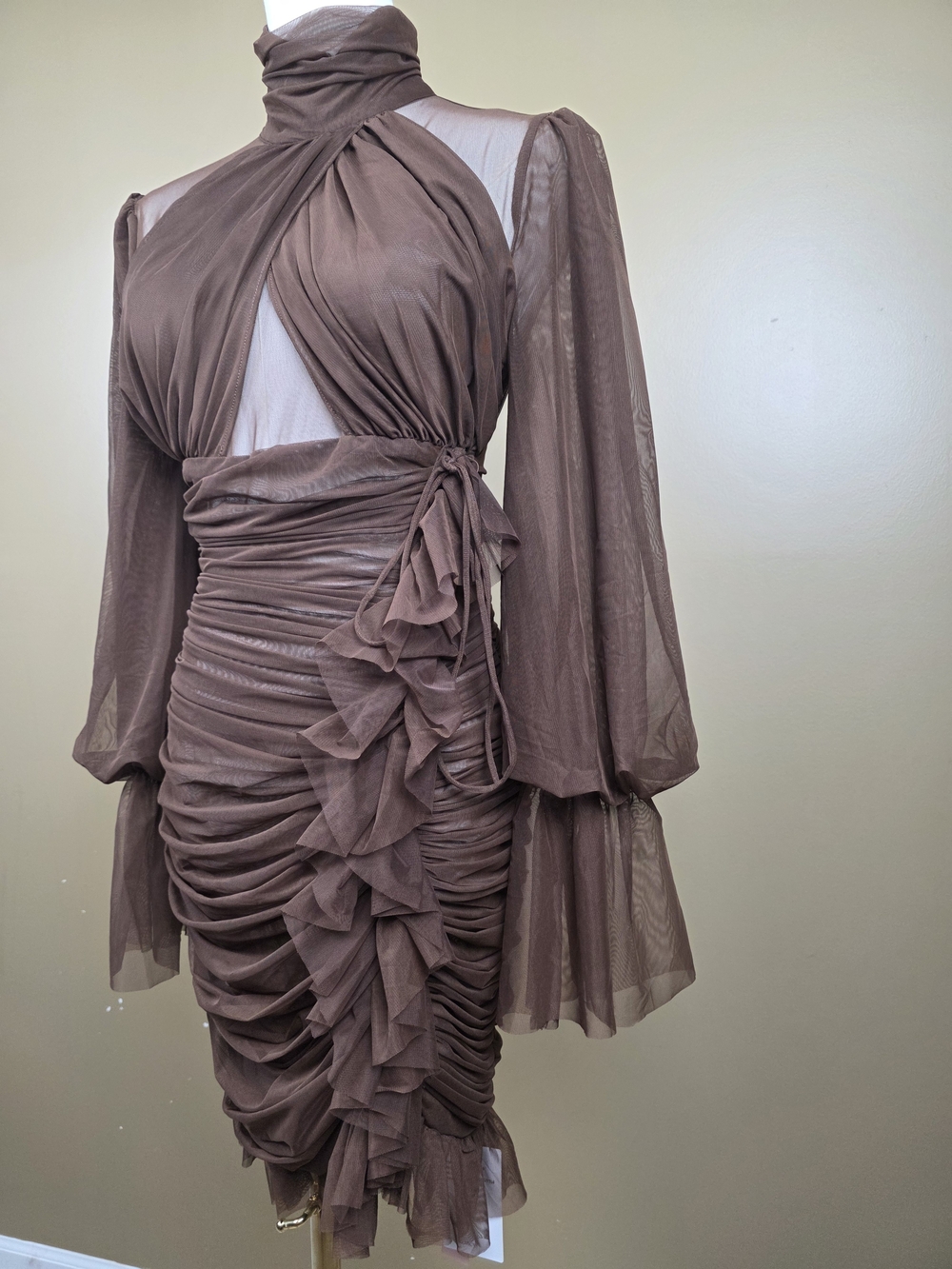 Brown Ruching & Ruffle High-Neck Mini Dress